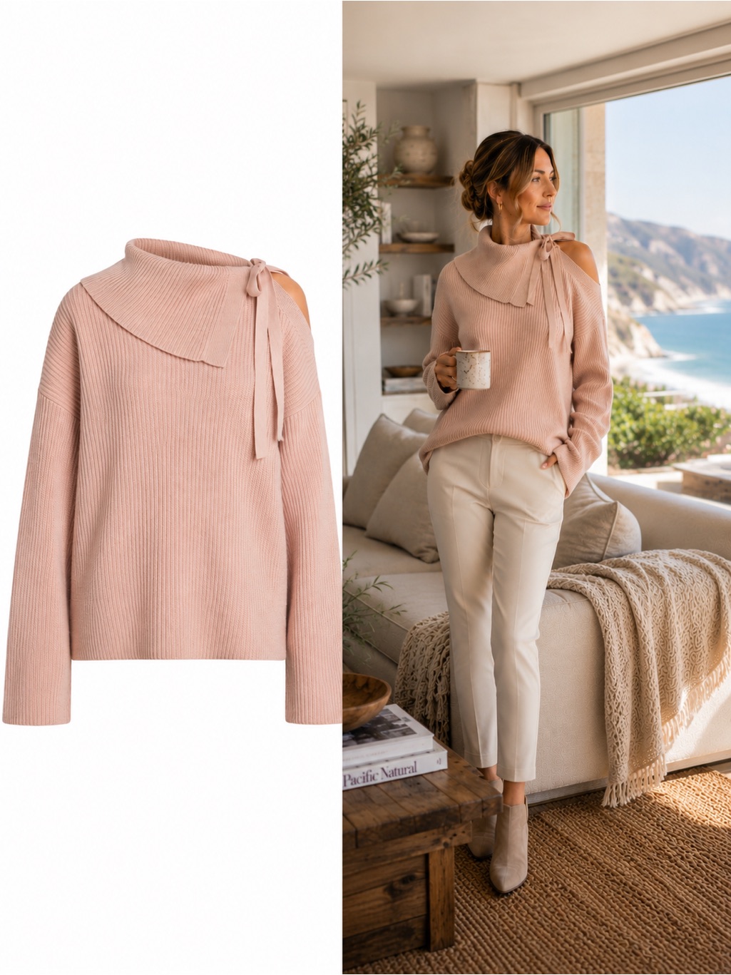 Allsaints Sura Tie Neck Jumper Size M Blush Pink Ribbed Wool Sweater Asymmetric
